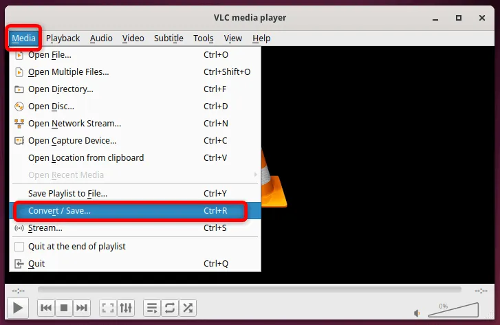 Otwieranie okna Konwertuj/Zapisz z menu rozwijanego Media programu VLC