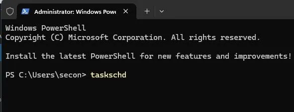 Ouverture du planificateur de tâches Windows dans PowerShell.
