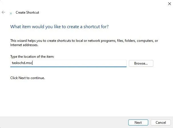 Création d’un raccourci vers le Planificateur de tâches pour le bureau Windows.
