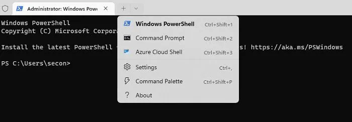 Ouverture de PowerShell dans le terminal Windows.