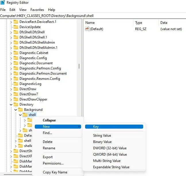 Utwórz nowy klucz w folderze Shell w Edytorze rejestru.