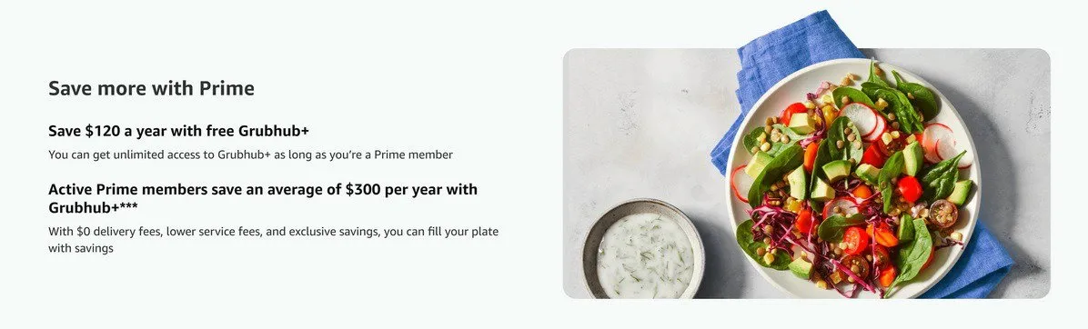 Amazon Prime 회원을 위한 Grubhub+ 멤버십 혜택을 확인하세요.