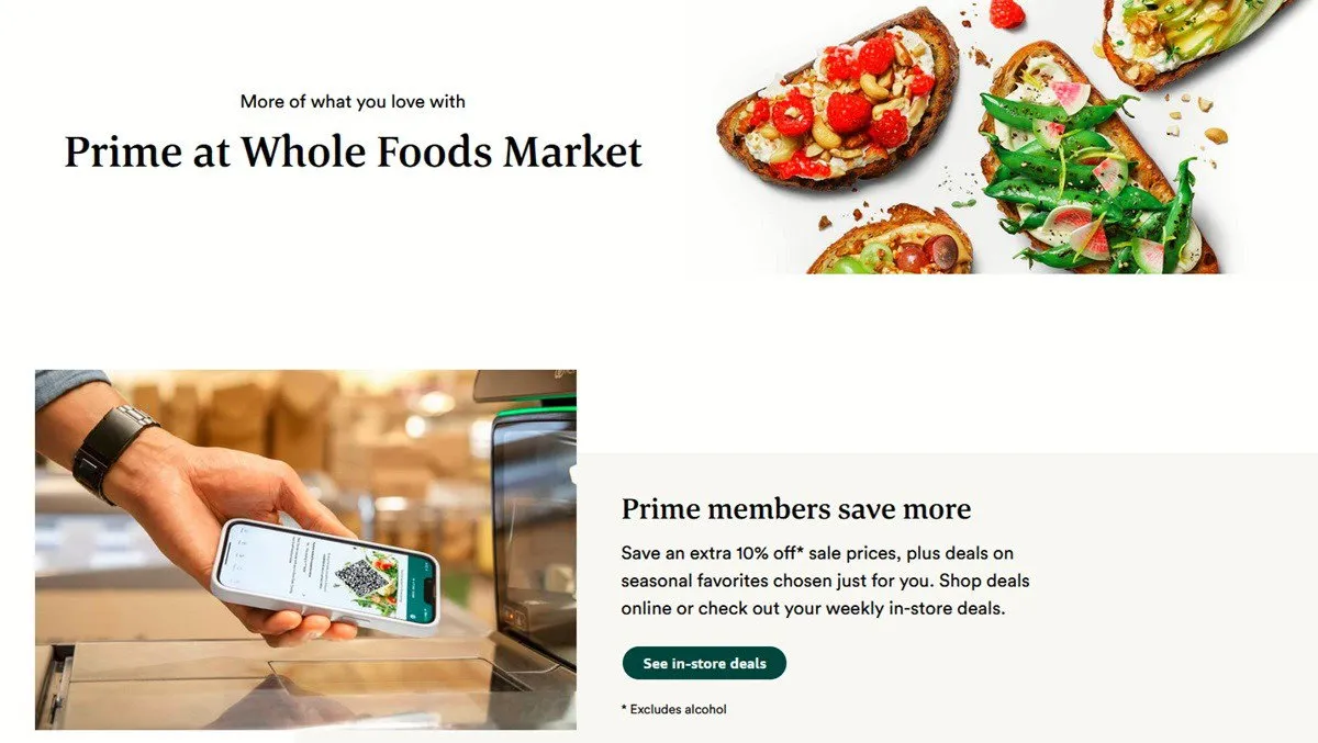 Amazon Prime 페이지에서 Whole Foods 할인 혜택을 확인하세요.