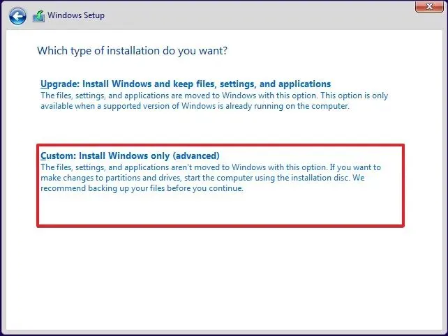 Opcja instalacji niestandardowej systemu Windows 10