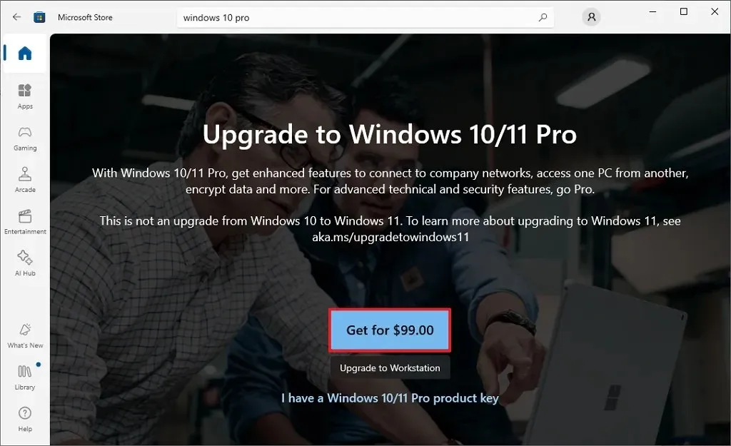 Windows 10 Home to Pro upgrade from Microsoft Store