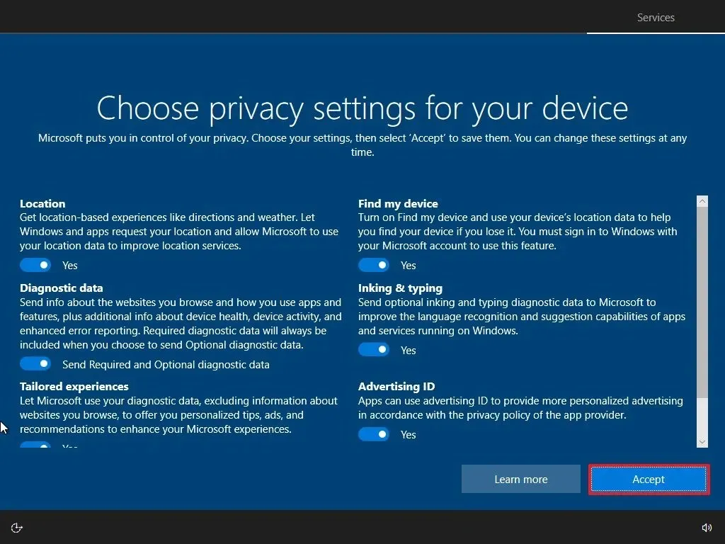 Windows 10 OOBE 개인 정보 보호 설정 선택