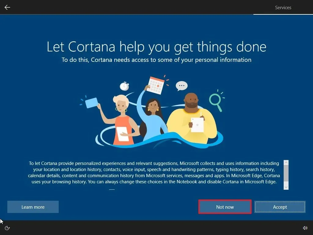 Windows 10 OOBE schakelt Cortana uit