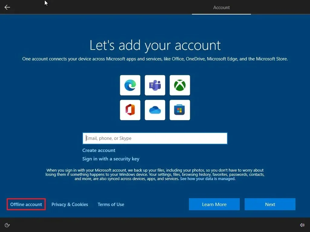 Windows 10 OOBE offline-account