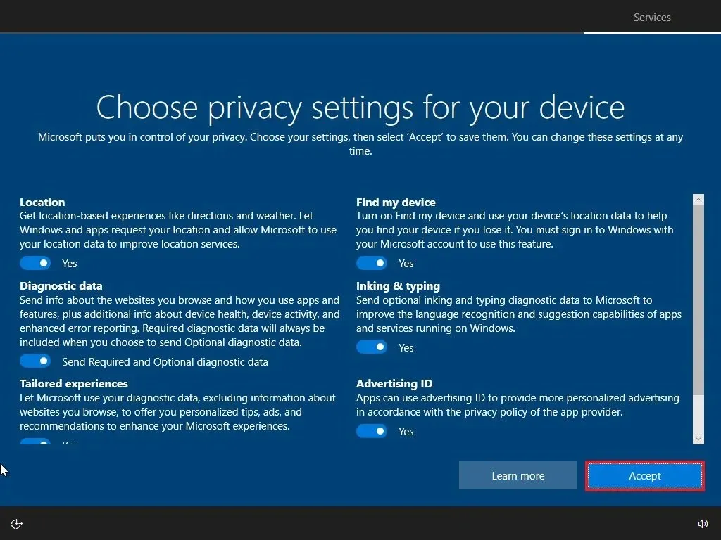 Windows 10 OOBE scegli le impostazioni sulla privacy