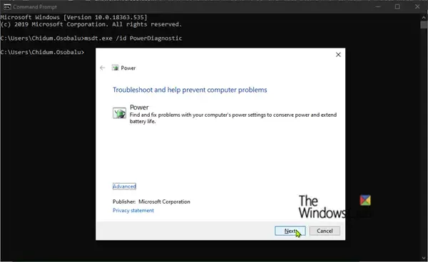 Wiersz poleceń narzędzia do rozwiązywania problemów z zasilaniem systemu Windows