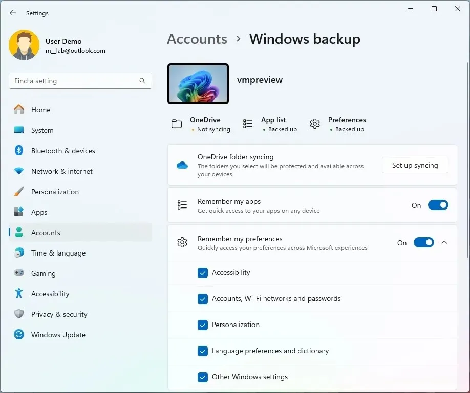 Impostazioni di backup di Windows
