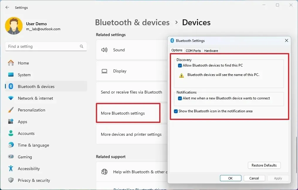 Impostazioni avanzate Bluetooth