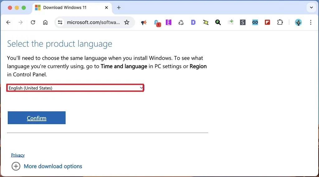 Windows 11 ISO-taalselectie