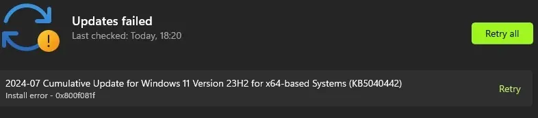 Windows 11 KB5040442 błąd 0x800f081f