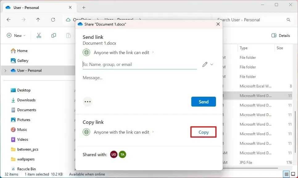 Windows 11 OneDrive partage de fichiers avec lien