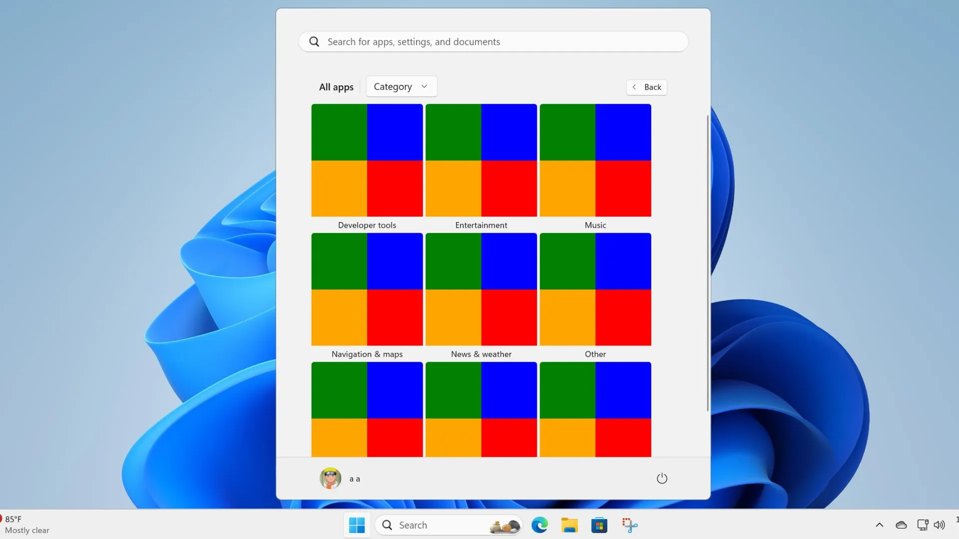 Menu Start systemu Windows 11 przeprojektowane z nową kategorią i układem siatki