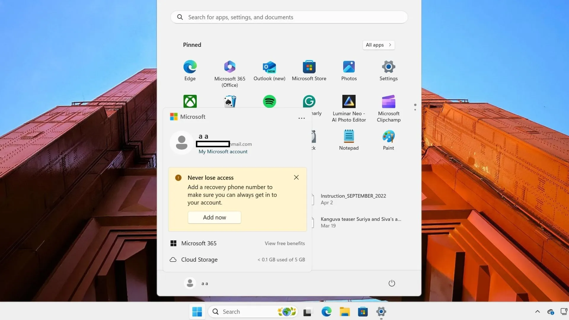 Menu Démarrer de Windows 11 avec compte Microsoft