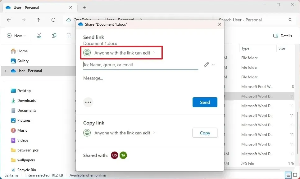 Windows 11 OneDrive Toute personne disposant du lien peut modifier l'option