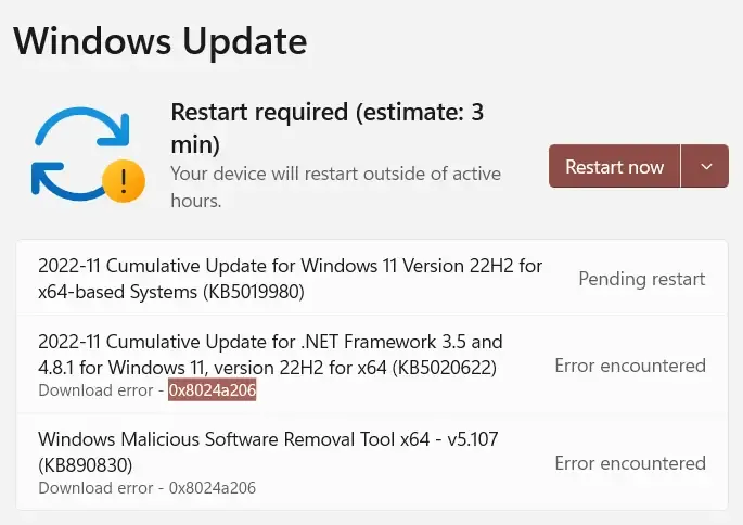 Erreur de téléchargement de Windows Update 0x8024a206