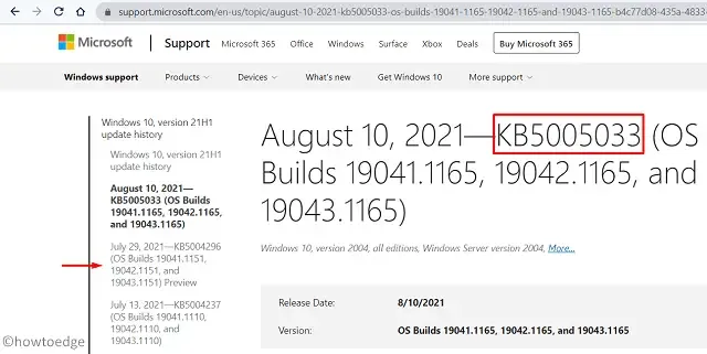 Página del historial de actualizaciones de Windows