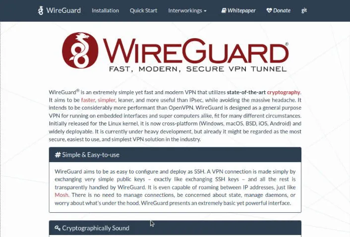 Une capture d'écran montrant la page d'accueil du projet WireGuard.