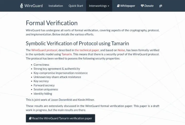 Una captura de pantalla que muestra la página web de los documentos de verificación formal de WireGuard.