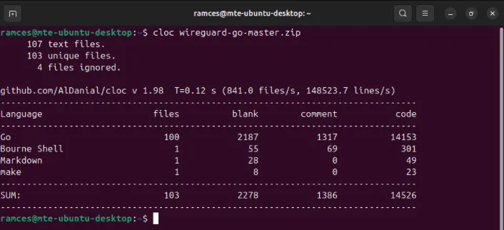 Een terminal die de totale hoeveelheid code in de Go-implementatie van WireGuard weergeeft.
