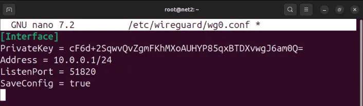Terminal pokazujący przykładową konfigurację WireGuard ze statycznym adresem.
