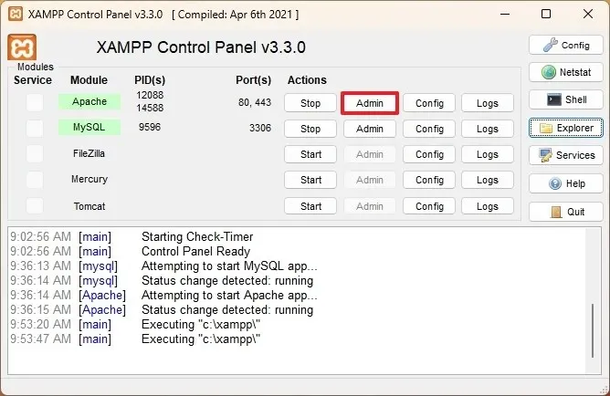 XAMPP ouvre l'administrateur Apache
