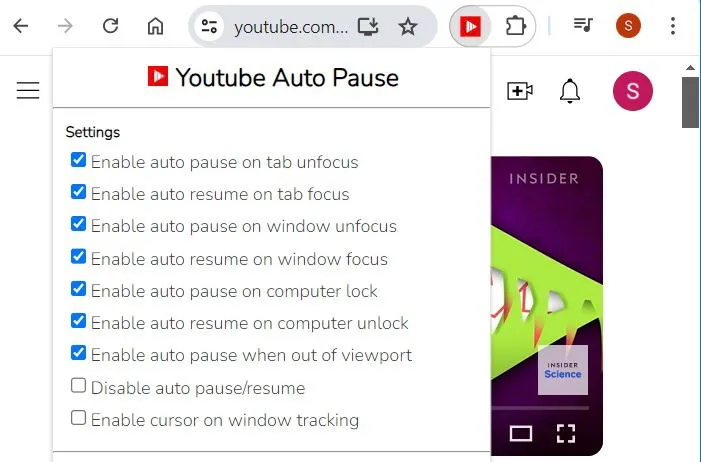 Tous les paramètres de pause sur une extension, YouTube Auto Pause.