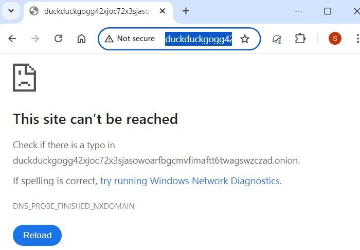 Próba otwarcia łącza Onion DuckDuckGo w przeglądarce Google Chrome powoduje