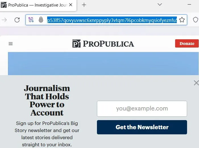 ProPublica, een link voor onderzoeksjournalistiek, toegankelijk op het dark web.