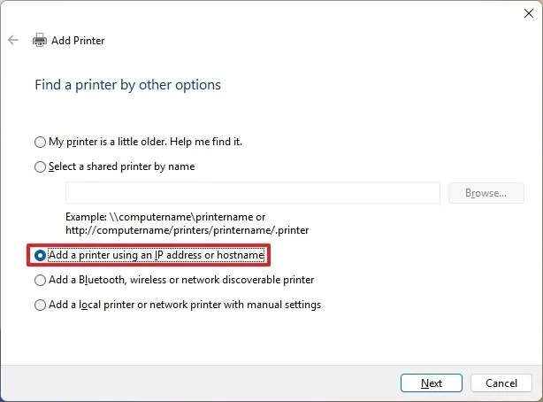 IP 주소 또는 호스트 이름을 사용하여 프린터 추가