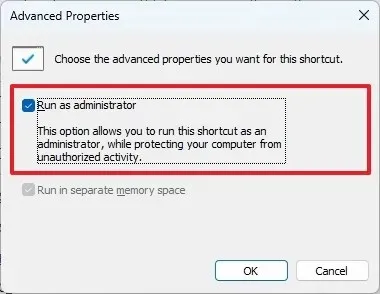 Erweiterte Eigenschaften: Option „Als Administrator ausführen“