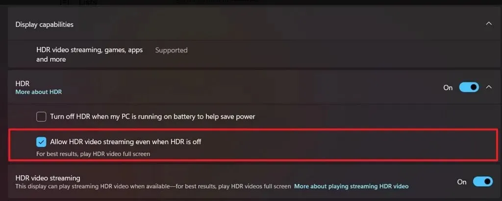 HDR이 꺼져 있어도 HDR 비디오 스트리밍 허용