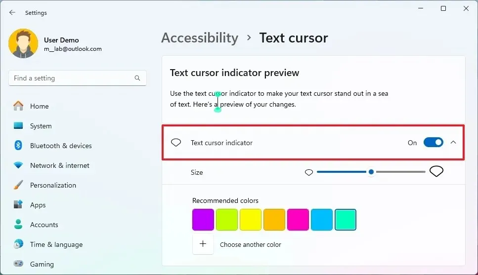 Windows 11 abilita l'indicatore del cursore di testo