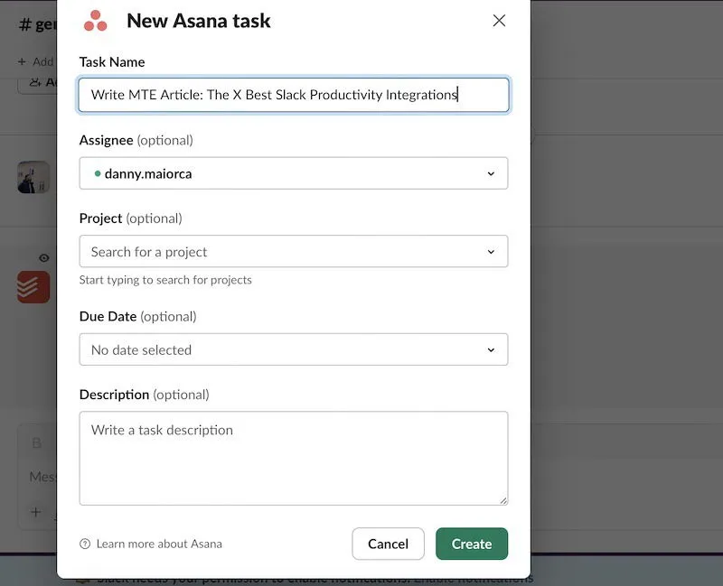 Asana/Slack 통합을 사용하여 앱에서 새 작업 만들기