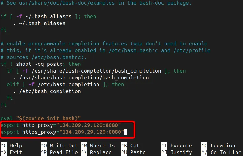 Especificar la configuración del proxy permanente editando el archivo bashrc.