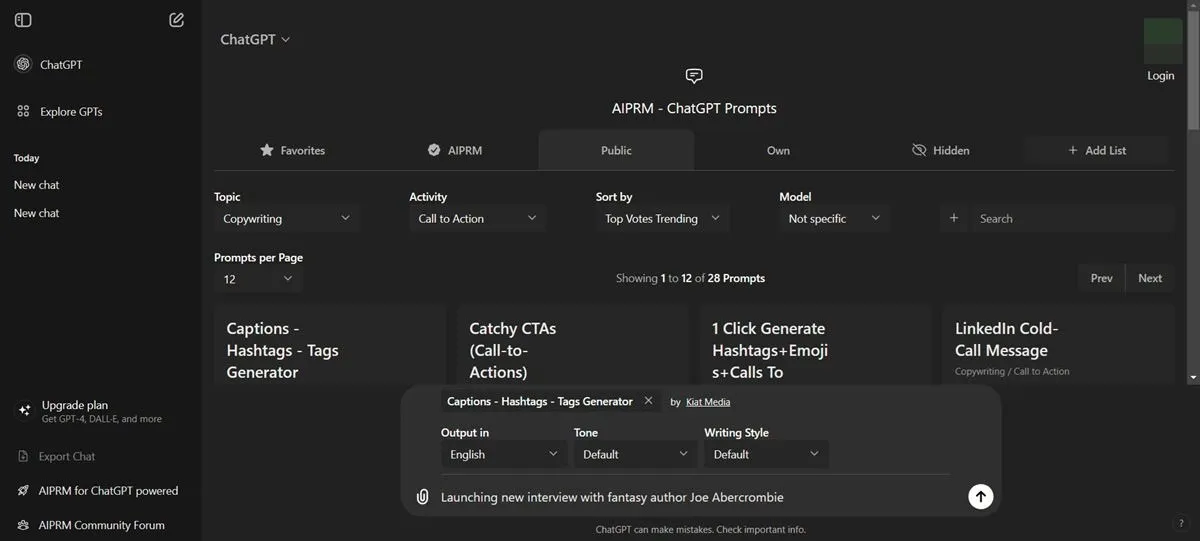 ChatGPT 拡張機能用の AIPRM を使用してプロンプトを生成します。