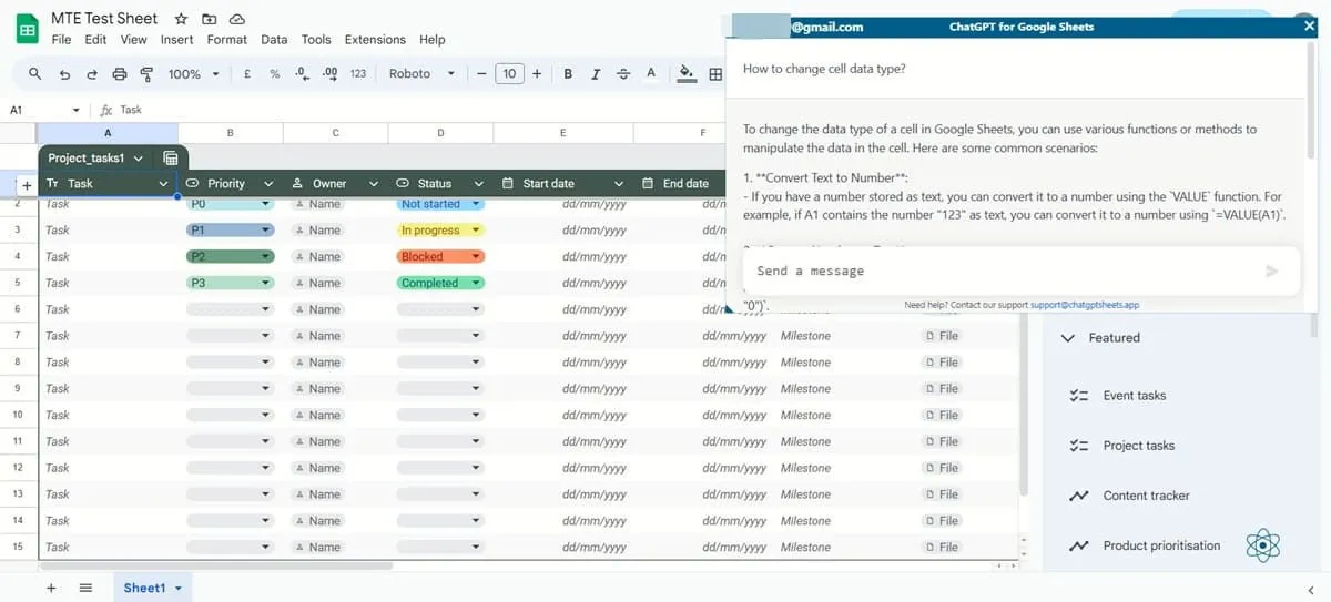 Een tabel bewerken in Google Spreadsheets met de ChatGPT Sheets-extensie ingeschakeld.