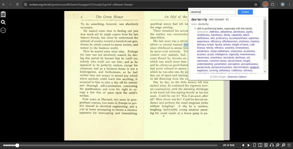 Estensione Google Dictionary disponibile durante la lettura di ebook nel browser.