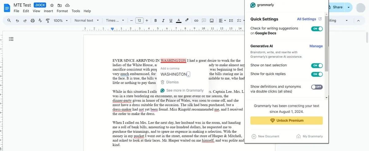 Texto de Google Docs cuando la extensión Grammarly para Chrome está activa.