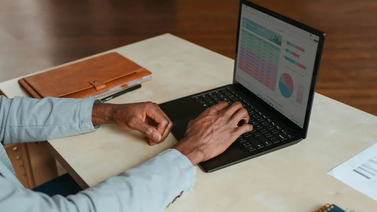 Persoon die een spreadsheet op zijn laptop gebruikt.