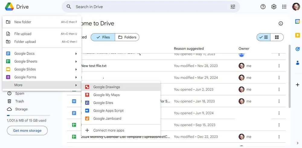 Google Workspace의 Drive 및 파일 생성 옵션을 살펴보세요.