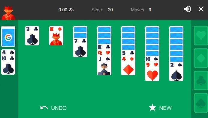 Visualizzazione del gioco Solitario nella Ricerca Google.