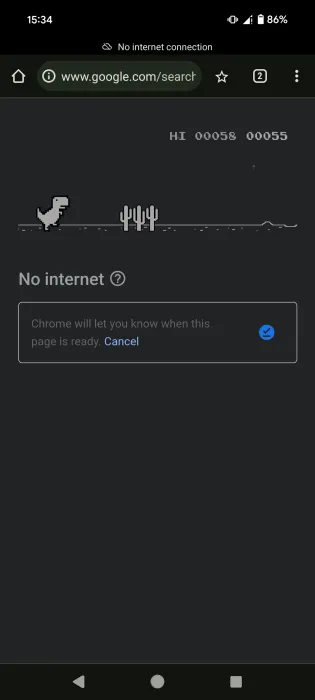 Het T-Rex-spel spelen in de Chrome-mobielbrowser zonder internet.