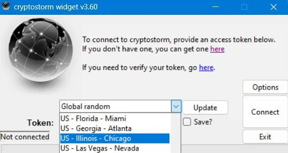 Cryptostorm-Widget, das mit einem gehashten Token eine Verbindung zu einem US-Server herstellt.