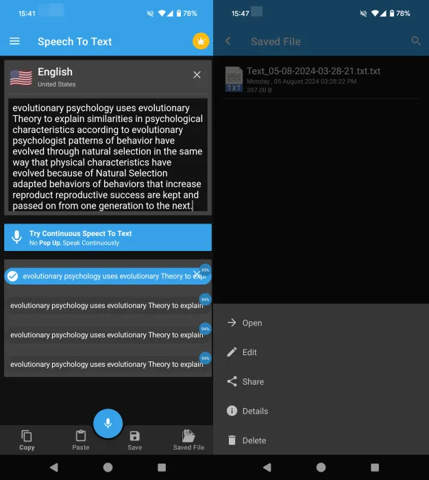 Diktieren von Text mit der Speech to Text-App auf Android.