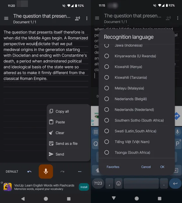 Escritura por voz con la aplicación Write by Voice en un teléfono Android.