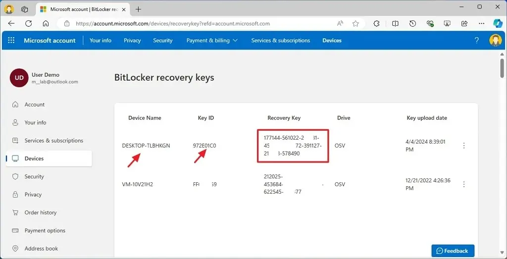 Clave de recuperación de BitLocker de la cuenta Microsoft